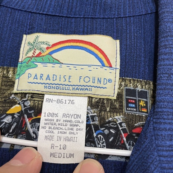 Paradise Found Men's Vintage Hawaiian Shirt Motorcycle 100% Rayon Size Med USA - Picture 4 of 6